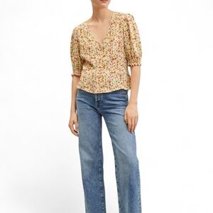 NWT Mango V Neck Floral Button Down Blouse Size XS